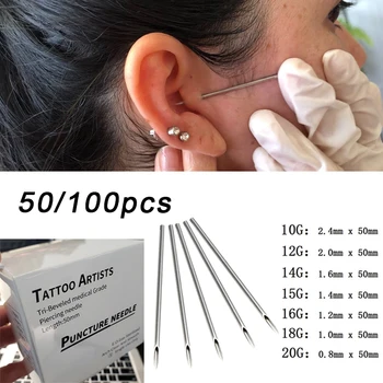 10-100 buah / Lot Jarum Tindik Tubuh Steril Sekali Pakai Kit Alat Cincin Hidung Bibir Pusar Telinga Medis Tato Baja Bedah Kit