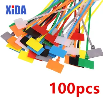 100 buah Tanda Mudah 4*150mm Label Tag Pengikat Kabel Nilon Hitam Putih Label Loop Plastik Penanda Tag Kabel Pengikat Otomatis DIY