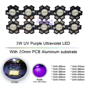 3W UV Ungu LED Lampu Ultraviolet Chip Lampu 365nm 375nm 380nm 385nm 395nm 405nm 410nm 420nm dengan substrat Aluminium PCB 20mm