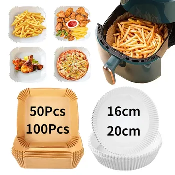 50/100Pcs Air Fryer Kertas Roti untuk Barbekyu Piring Oven Pan Pad 16/20cm AirFryer Tahan Minyak Sekali Pakai Kertas Liner Persegi