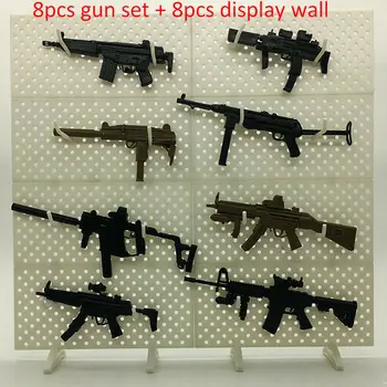 8 Buah 1/6 Model Senjata Mainan MP5 HK53 UZI MK18 KRISS VECTOR MP7 Teka-teki Bangunan Batu Bata Senjata Tentara+Dinding Pajangan