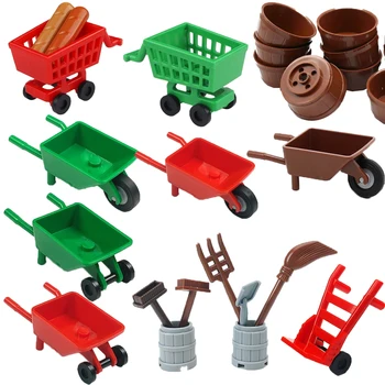 Alat Transportasi MOC Aksesori Blok Bangunan Kota Gerobak Belanja Jalanan Kotak Pot Mainan Bata Mini untuk Anak-anak