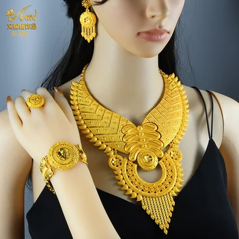 ANIID Perhiasan Emas Berlapis Besar India Set Kalung Wanita Hadiah Pernikahan Pengantin Pesta Afrika Dubai Set Perhiasan Kalung Arab