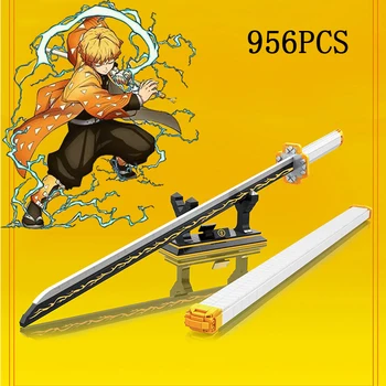 Anime Demon Slayer Agatsuma Zenitsu Pedang Ninja Blok Bangunan Pisau Katana Perakitan Senjata Mainan Bata untuk Anak-anak