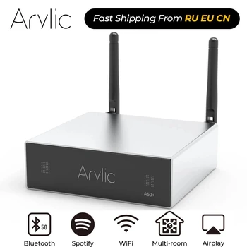 Arylic A50 + Home WiFi dan amplifier multiroom digital Kelas D Hi FI Stereo yang kompatibel dengan Bluetooth dengan Equalizer Airplay Aplikasi Gratis
