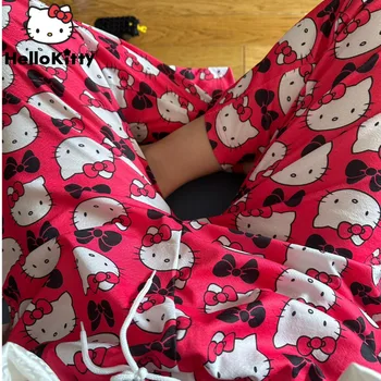 Baru Fashion Sanrio Hello Kitty Longgar Pinggang Tinggi Celana Indah Kasual Tipis Piyama Celana Wanita Lebar Kaki Celana Y2K Gadis Hadiah