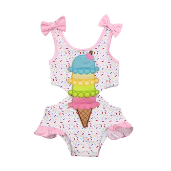 Bayi Anak-anak Bayi Perempuan Manis Ruffles One Piece Swimsuit Fashion Busur Es Krim Cetak Hollow Tali Ikat Baju Renang 0-3Y