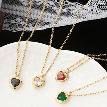 Berlapis Emas Stainless Steel Kalung untuk Wanita Bertatahkan Batu Hati Kalung Liontin Rantai Kalung Pertunangan Fashion Perhiasan