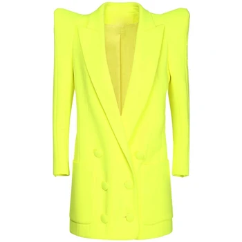 Blazer Pantsuits Set Jaket Mengangkat Bahu Kuning Cerah Neon Desain Baru Celana Kantor Kancing Dada Ganda Setelan Jas Dua Potong