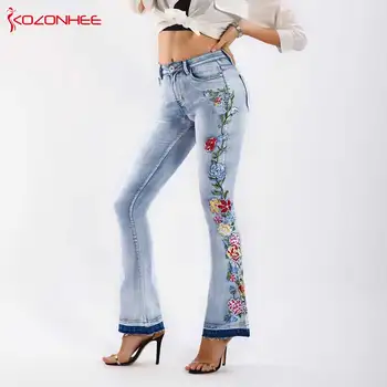 Bordir Dirilis Hem Flare Jeans Wanita Elastisitas Bell-Bottoms Jeans untuk Anak Perempuan Peregangan Celana Jeans Wanita Ukuran Besar #07