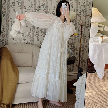 Bordir Renda Jubah Gaun Malam Wanita Peri Putih Mesh Panjang Peignoir Gaun Vintage Victoria Baju Tidur Putri Baju Tidur