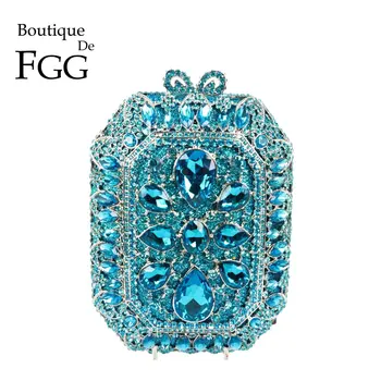 Boutique De FGG Biru Muda Safir Wanita Mini Crystal Clutch Malam Minaudiere Dompet Pesta Pernikahan Berlian Imitasi Tas Genggam Tas Tangan