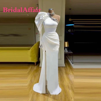BridalAffair Putri Duyung Putih Gaun Malam Terbaru Vestidos De Fiesta Seksi Celah Satu Bahu Kristal Dubai Bahasa Arab Gaun Formal
