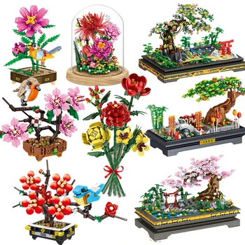 Buket Bunga Pot Tanaman Sukulen Pohon Bonsai Blok Bangunan Taman Model Kreatif Batu Bata MOC Mainan Diy untuk Hadiah Orang Dewasa