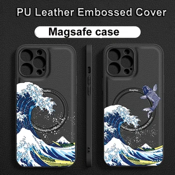 Casing Magsafe untuk iPhone 14 13 12 11 Pro Max Plus Cangkang Timbul Kulit PU Penutup Magnet Derek Ikan Gelombang Kucing Fundas Tahan Guncangan