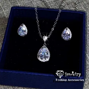 CC Perhiasan Set untuk Wanita Cubic Zirconia Water Drop Stud Anting-Anting Kalung Liontin Perhiasan Pernikahan Aksesoris