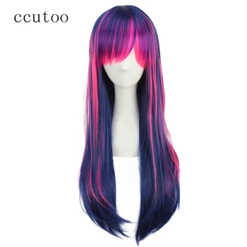 ccutoo My Little Pony Twilight Sparkle 65cm Wig Sintetis Lurus Panjang Campuran Biru Merah Muda Ungu dengan Poni Wig Cosplay Wig Pesta
