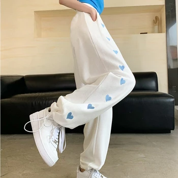 Celana Olahraga Bordir Cinta Putih Wanita 6Xl Celana Jogging Longgar Pinggang Tinggi Harajuku Ukuran Besar Celana Lurus Streetwear Mode Celana Lurus