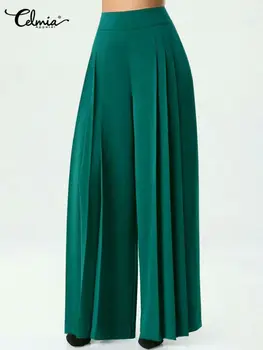 Celana Wanita Elegan Celmia 2023 Celana Kaki Lebar Berlipit Mode Celana Panjang Pinggang Tinggi Elastis Kasual Pantalon Tipis Pesta Solid
