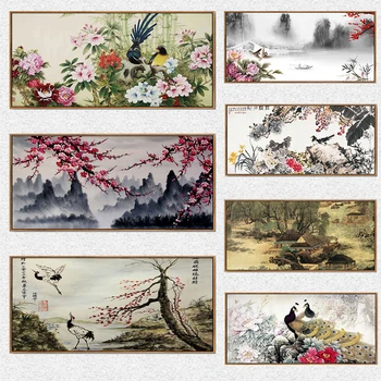 Cina Lanskap Lukisan Kanvas Maple Merah dan Perahu Dinding Seni Gambar Vintage Cetak untuk Ruang Tamu Dekorasi Rumah Cuadros