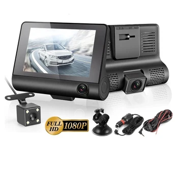 Dashcam DVR Mobil Kamera Mobil 4 Inci FHD 1080P Perekam Otomatis Dash Cam 3 Pencatat Lensa Kamera dengan Kamera Tampak Belakang