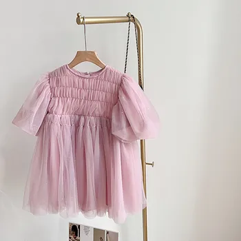 deer jonmi Gaun Putri Bayi Perempuan Musim Semi Musim Panas 2022 Gaun Pesta Warna Solid Lengan Lentera Gaun Pesta Ulang Tahun Anak-anak