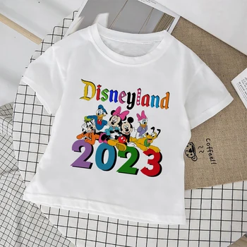 Disney Land 2023 Mickey Friends Kaus Anak-anak Cetak Lengan Pendek Putih US Hot Jual Pakaian Anak Perempuan Trendi Gaya Y2K Kaus 3-12 Tahun