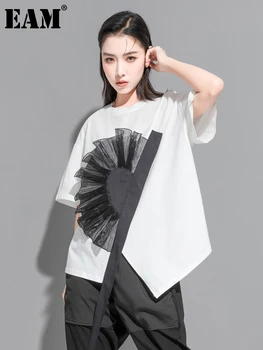 [EAM] Kaus Ukuran Besar Pita Ruffles Bunga Putih Wanita Mode Lengan Pendek Leher Bulat Baru Pasang Musim Semi Musim Panas 2023 1DE8699