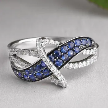 Elegan Fashion Warna Perak Cincin untuk Wanita Trendi Logam Bertatahkan Biru Putih Batu Pesta Pernikahan Cincin Pertunangan Perhiasan