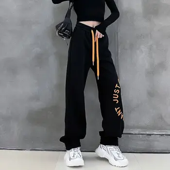Fashion Longgar Wanita Streetwear Celana Lurus Musim Panas Harajuku Celana Olahraga Hip Hop Pinggang Tinggi Celana Elastis Huruf Korea Baru