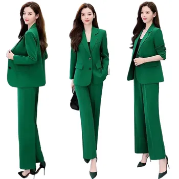 Fashion Wanita Setelan Profesional Korea Elegan Musim Semi Musim Gugur Mantel Blazer Kasual Baru + Celana Set Dua Potong Pakaian Femlae