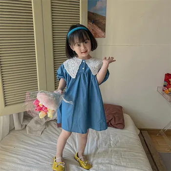 Gaun Anak-anak 5210C Gaun Putri Gadis Kerah Renda Besar Korea Baru Musim Panas 2023 Gaun Putri Gadis Cantik Manis Katun