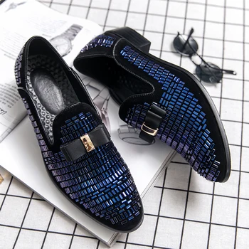 Gaun Formal Malam Pria 2022 Sepatu Pantofel Berlian Imitasi Sepatu Slip On Kulit Pesta Pernikahan Prom Kasual Pria Perak Ukuran Plus 48