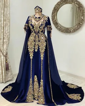 Gaun Formal Malam Timur Tengah Biru Laut Dengan Jubah Lengan Panjang Applique Emas Mewah Renda Kaftan Marrocan Gaun Acara Prom