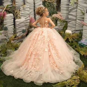 Gaun Gadis Bunga Babyonline untuk Pernikahan Tulle Bunga Merah Muda Merona Panjang 2023 Gaun Pesta Pengiring Pengantin Anak-anak Putri Bahkan Pesta Pernikahan