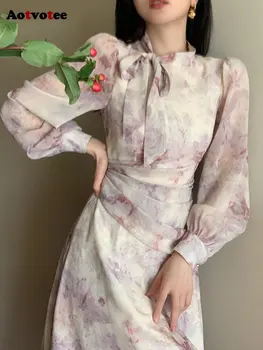 Gaun Lengan Panjang Aotvotee untuk Wanita 2023 Gaun Midi Lengan Lentera Busur Vintage Mode Baru Gaun Solid Longgar Elegan yang Chic
