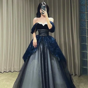 Gaun Malam Biru Tua Berpayet Empire Off Shoulder Bling Mode untuk Wanita Putri Gaun Prom Pesta Pernikahan Tulle Mewah Seksi
