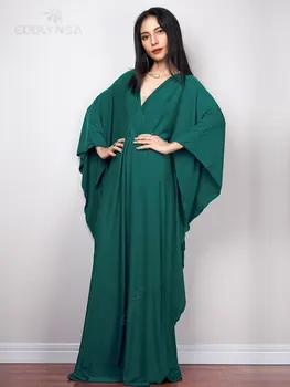 Gaun Maxi Longgar Ukuran Plus Lengan Batwing Leher V Multicolor 2023 untuk Wanita Pakaian Pantai Musim Panas Gaun Mandi Panjang Kaftan Q1306