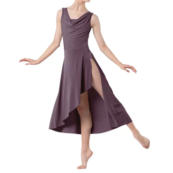 Gaun Panjang Balet Modern untuk Wanita Tanpa Lengan Rok Asimetris Keliman Gaun Tari Balerina Liris Kostum Pertunjukan Panggung