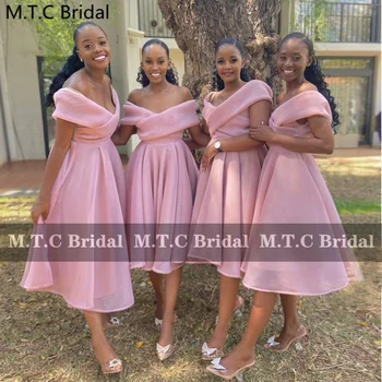 Gaun Pengiring Pengantin Merah Muda Pendek Dari Bahu Garis Organza Gaun Pesta Pernikahan Anak Perempuan Hitam untuk Pelayan Kehormatan Grosir