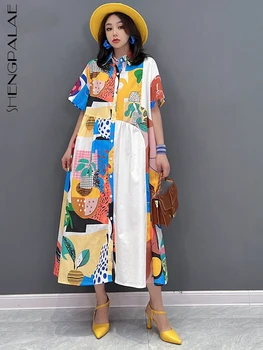 Gaun Pola Cetak Mode SHENGPALAE untuk Wanita Jubah Vestido Minoritas Kasual Tambal Sulam Longgar 2023 Pakaian Y2k Baru Musim Panas 5R1515