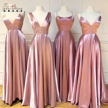 Gaun Prom BABYONLINE Gaun A-line Satin dengan Punggung Bertali Bertali dan Rok Tinggi Gaun Pengiring Pengantin Pernikahan Panjang Lantai Celah