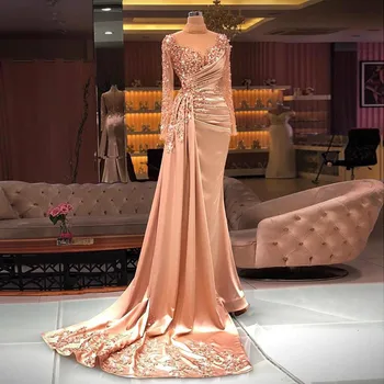 Gaun Putri Duyung Mewah Leher Tinggi Lengan Panjang Emas Mawar dengan Rok Gaun Malam untuk Pesta Wanita 2023 BLA71804 Serene Hill