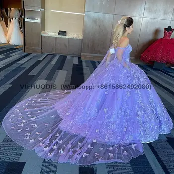 Gaun Quinceanera Lilac Sweet 16 dengan Jubah 2022 Gaun Pesta Putri Applique Kupu-kupu Off Shoulder Vestidos De 15 Añ
