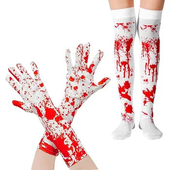 Halloween Sarung Tangan Menakutkan Suasana Dekorasi Darah Sarung Tangan Kaus Kaki Pesta Cosplay Alat Peraga Dicetak Kaus Kaki Panjang Sarung Tangan Set Rok