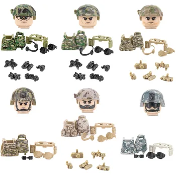 Helm Divisi Lintas Udara AS Blok Bangunan Figur Pasukan Khusus Ransel Rompi Kamuflase Batu Bata Aksesori Senjata Militer Mainan D323