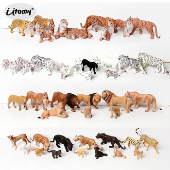 Hewan Kebun Binatang Realistis Singa, Harimau, Cheetah, Patung Macan Kumbang dengan Patung Hewan Safari Plastik Anak-anak Hadiah Mainan Toppers Kue untuk Anak-anak