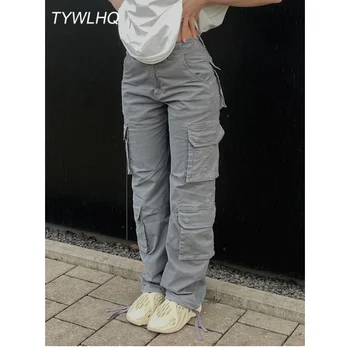 Hijau Militer Overall Jeans Longgar Fashion Wanita Street Saku Lurus Tabung Pinggang Tinggi Jeans Vintage Kasual Di Atas Y2k