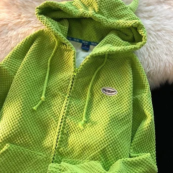 Hoodies Tanduk Setan Harajuku Wanita Jaket Ritsleting Overized Solid Retro Y2k Biaya Kaus Bertudung Rajut Kasual Musim Gugur Musim Dingin