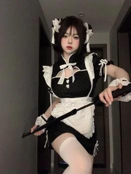 HOUZHOU Kostum Cosplay Qipao Pelayan Cina Kawaii Manis Seksi Lolita Gaun Busur Lucu Celah Tinggi Gadis Y2k Jepang 2023